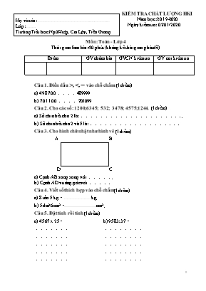 Đề kiểm tra chất lượng Học kì I môn Toán Lớp 4 - Năm học 2019-2020 - Trường Tiểu học Ngũ Hiệp (Có đáp án)